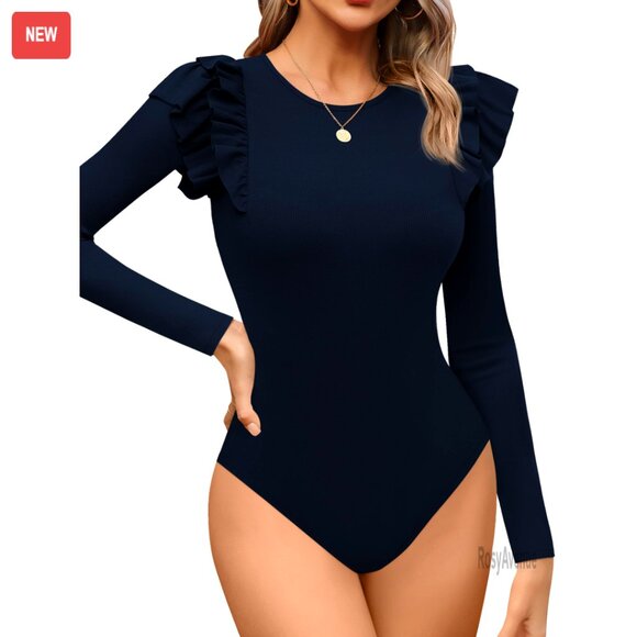 Long Sleeve Ribbed Bodysuit with Ruffle Detail Snap Closure Slim Fit